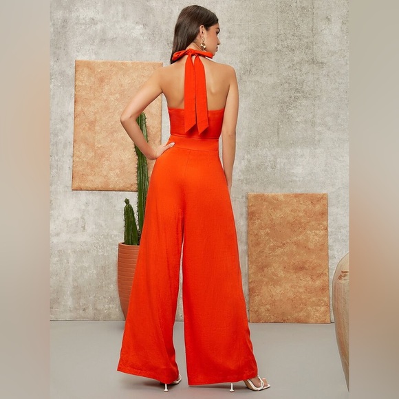 SHEIN VCAY Cross Halter Solid Orange Jumpsuit Size M - Picture 2 of 9